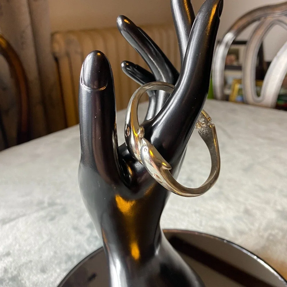 Vintage Bangle Bracelet Double Dolphin Hinged Silver Tone